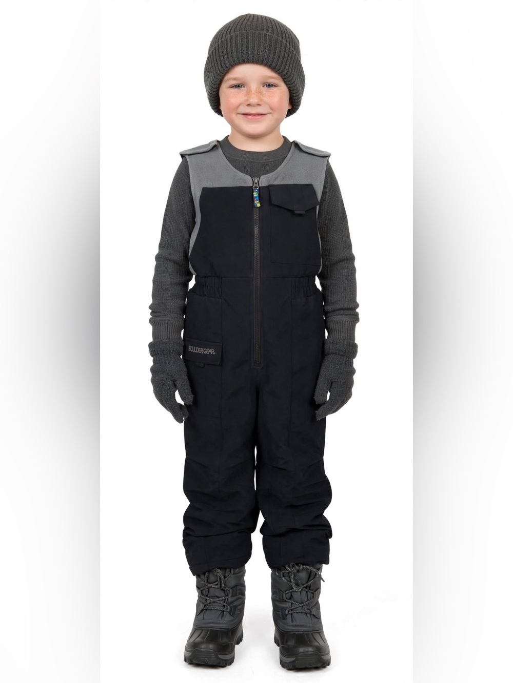 Boulder Gear Kids Snow Bib Size 5 Black grey Fleece Lined Ski Snowboard Overalls